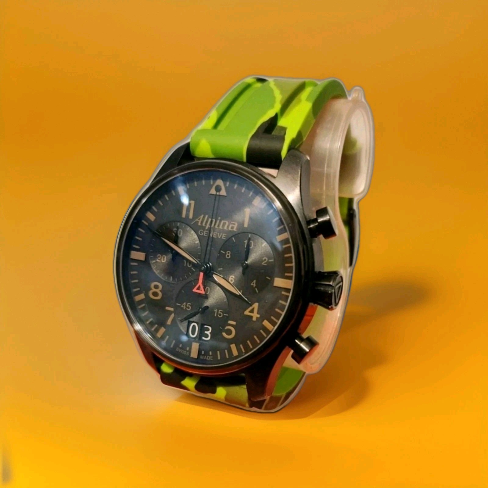 Swiss made Black Alpina Startimer w/ beige numerals on cammo straps. (Pristine)