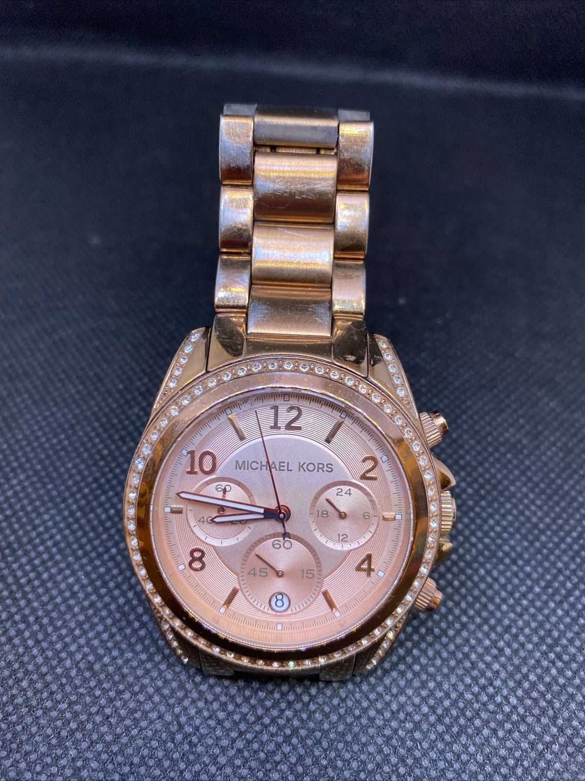 Michael Kors MK-5263 Lady Rose Gold Analog Quartz Chrono Watch Hours~New Battery