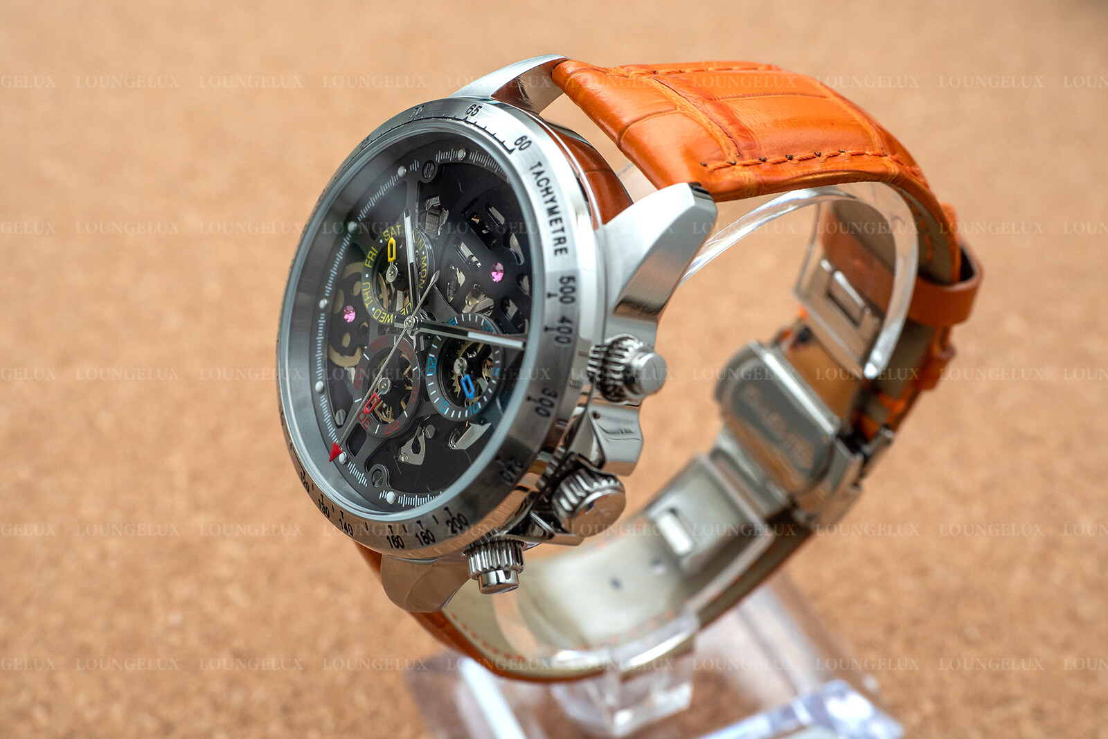 Mens Automatic Mechanical Watch Date Day Watch Silver Black Orange Leather