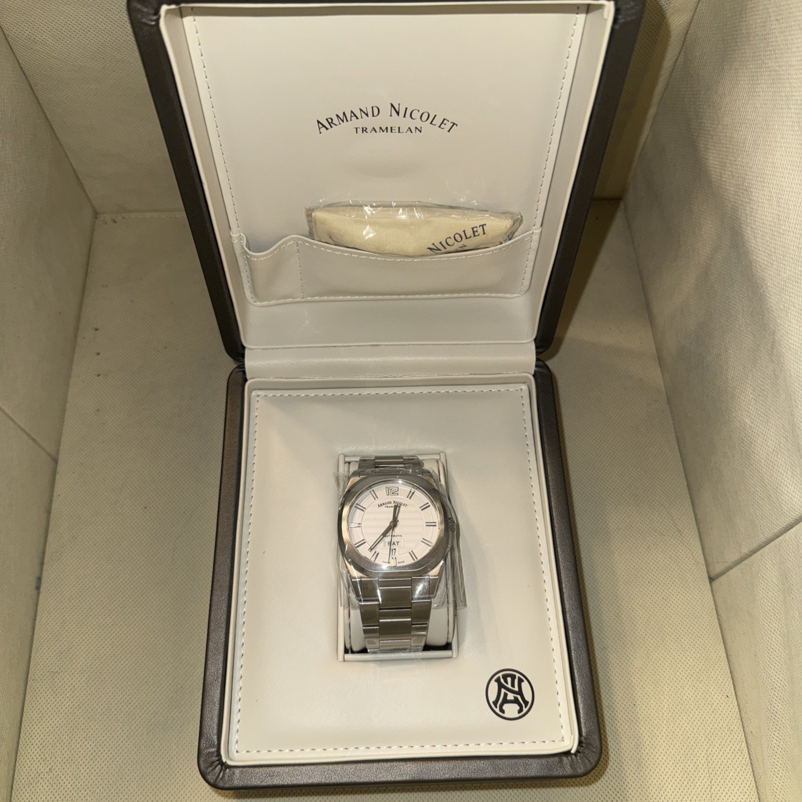 Armand Nicolet J09 Swiss Automatic Watch 41mm White Guilloche Dial Steel Box