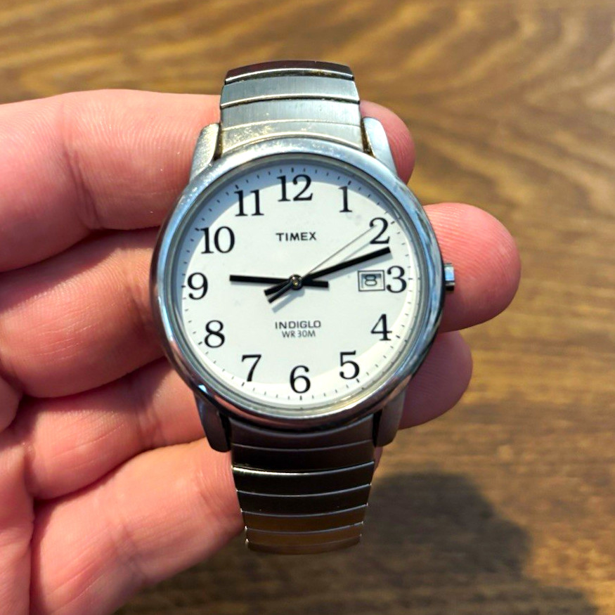 Timex Indiglo White Dial Quartz Date 30m Silver-Tone Watch *New Battery*