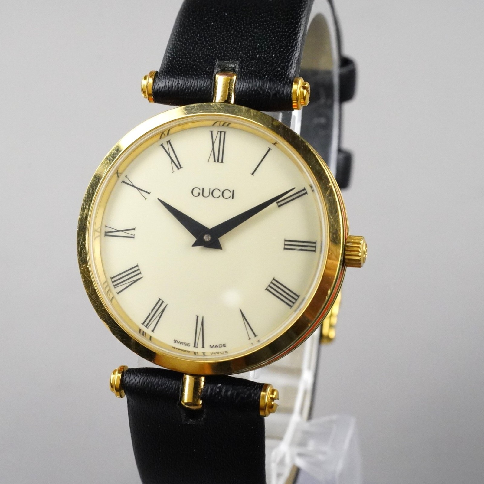 GUCCI Vintage Men’s Watch 2000M Gold 30mm New Battery Leather Band