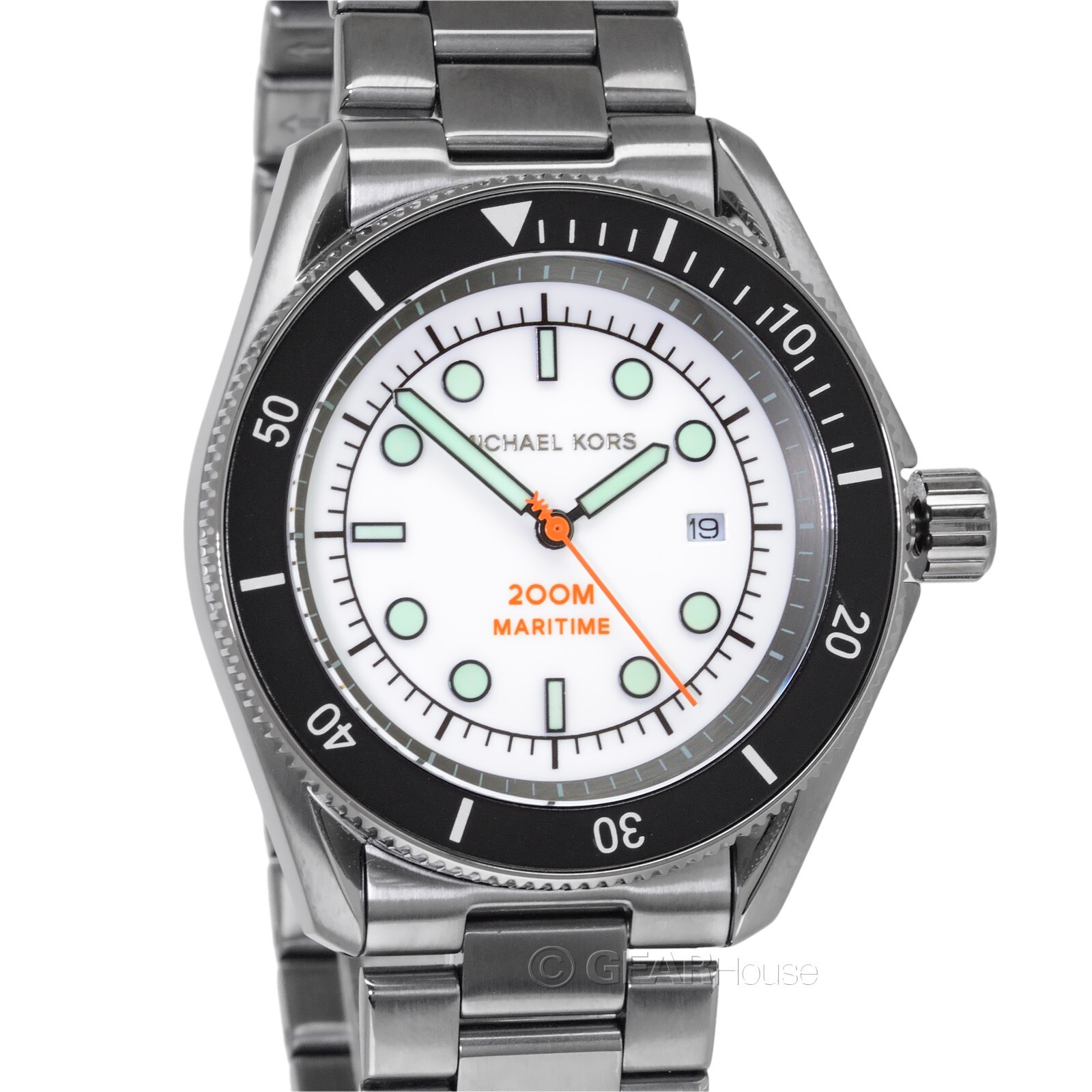 Michael Kors Maritime Mens 200m Diver Watch White Dial Gray Stainless Steel Band