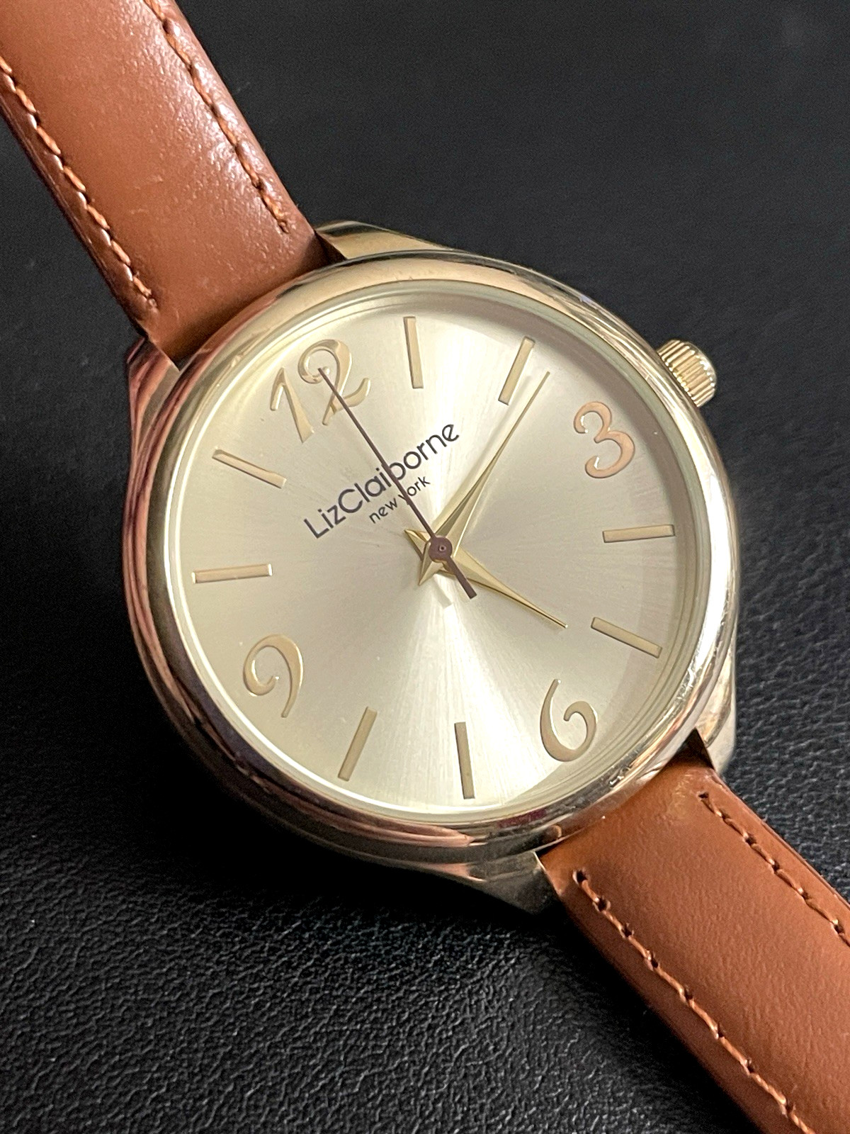 Liz Claiborne Watch Gold Tone Dial Skinny Brown Leather Band New Battery Quartz