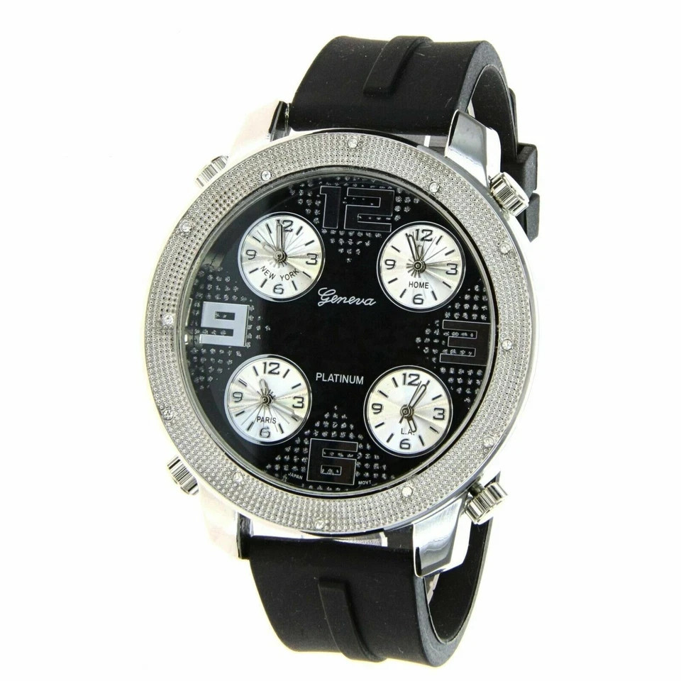 Men Hip Hop Silicone Band CZ Luxury 4 Times Zone Watch 54mm