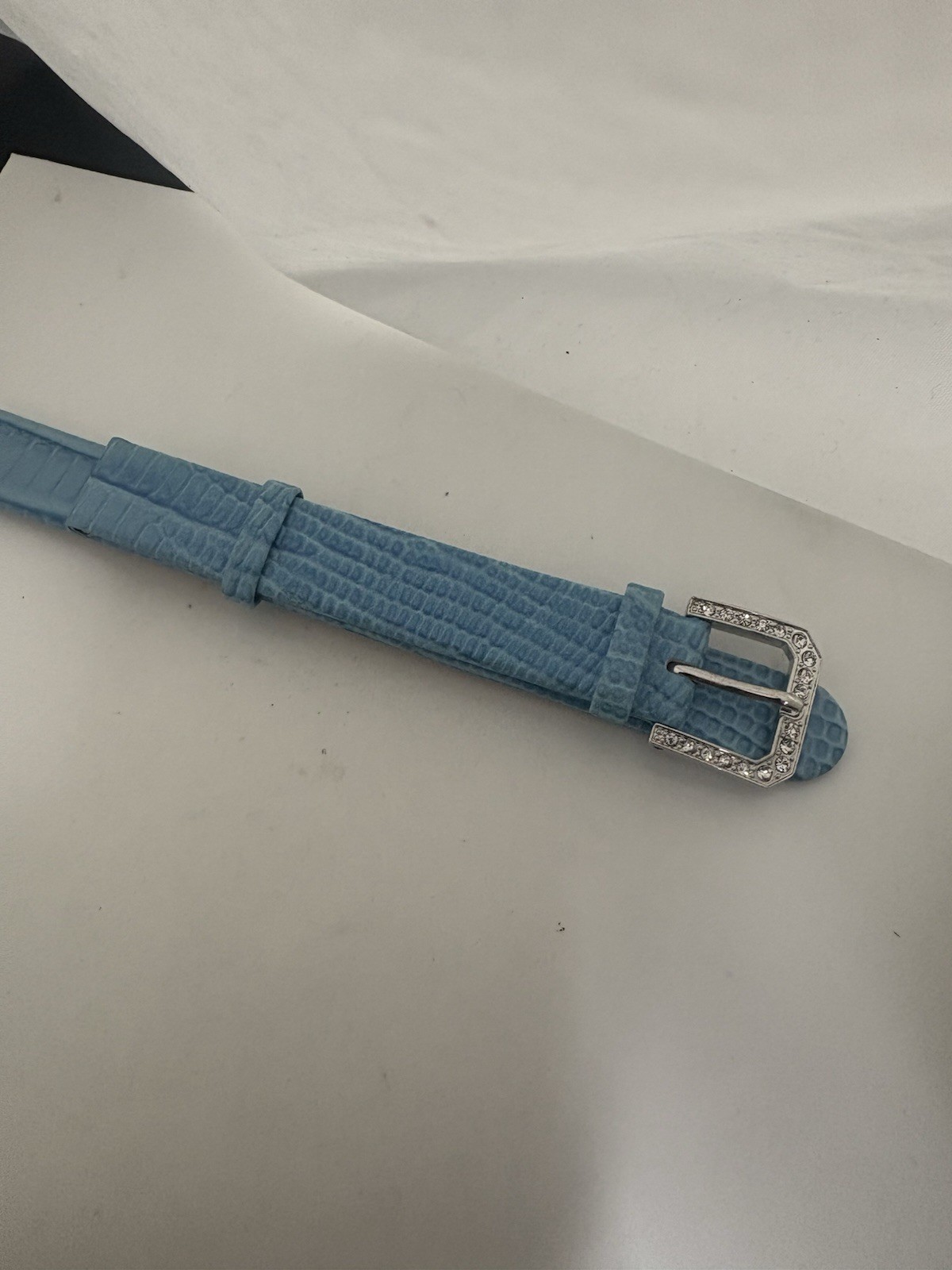 Jean Dousset Light Blue Genuine Leather Band Rhinestone Buckle Women 12mm