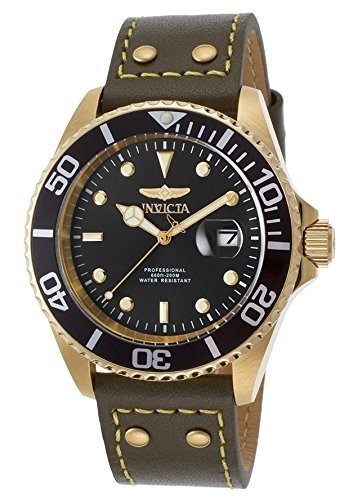 Invicta Men’s 22075 Pro Diver Quartz 3 Hand Black Dial Dark Green Leather Watch