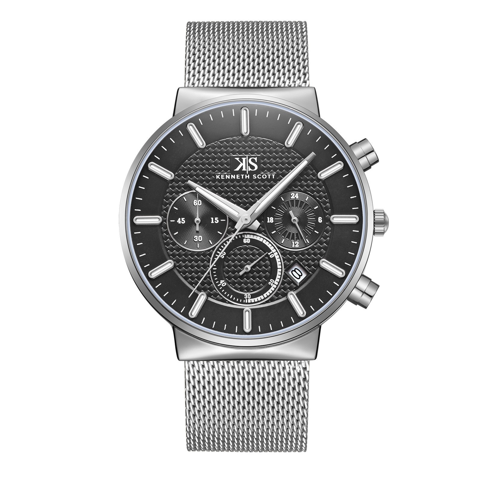 Kenneth Scott Men’s Multi-Function Casual Watch | Black Dial, Silver Mesh Strap