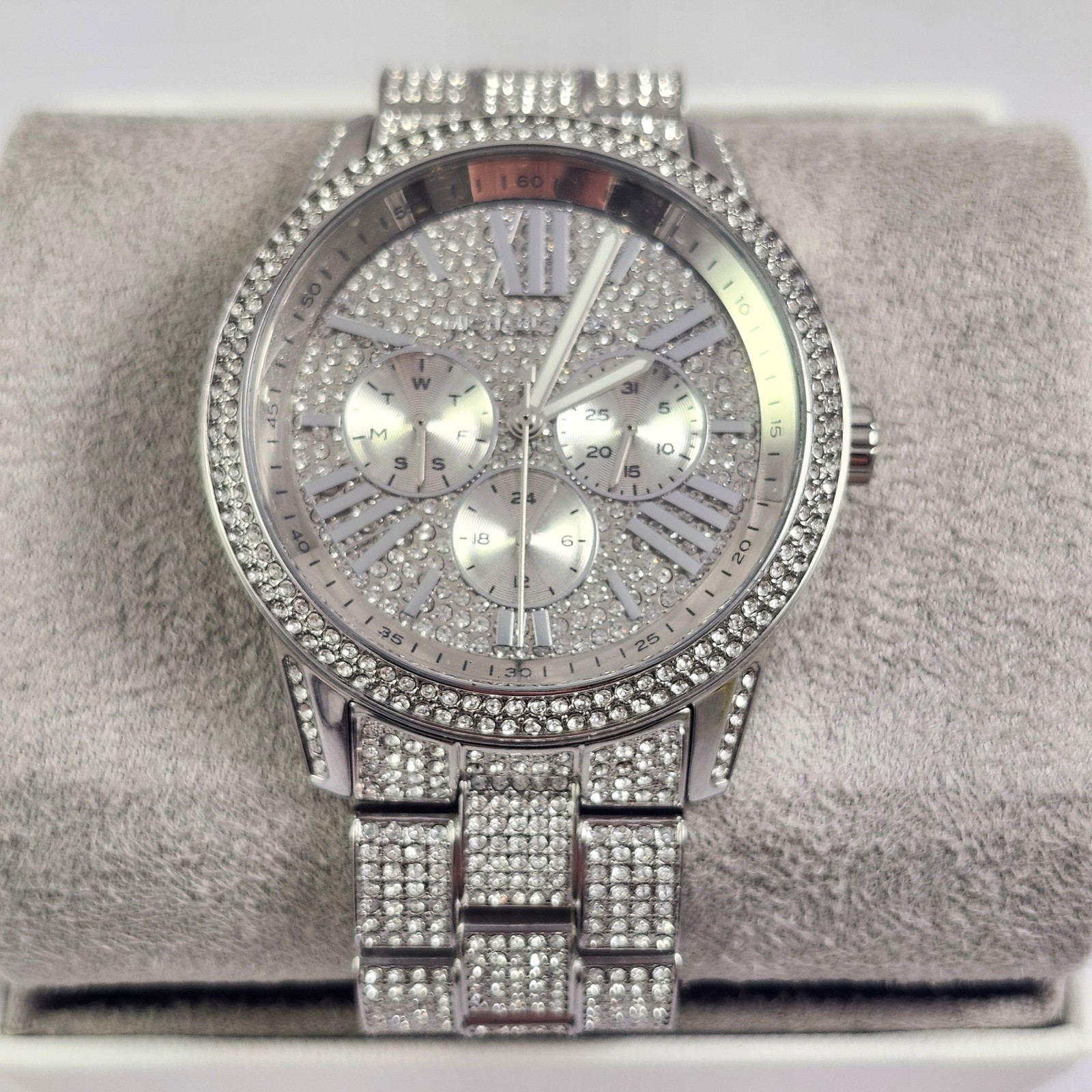NEW Oversized Brynn Pavé Glitz Silver Tone Chronograph Watch MK6788 + Box