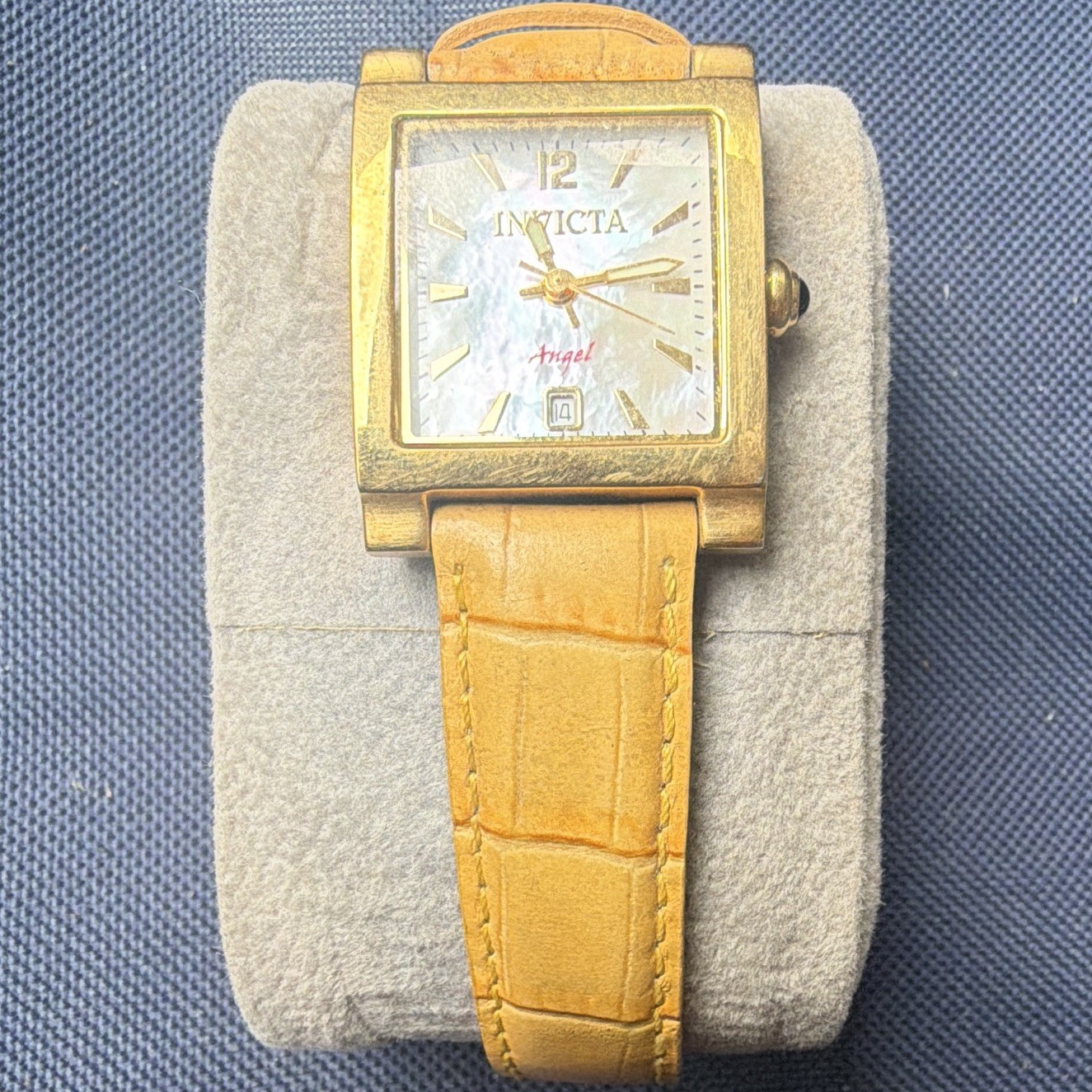 Invicta Angel Women’s Square Gold-Tone White Dial Quartz Date Tan Leather 50m