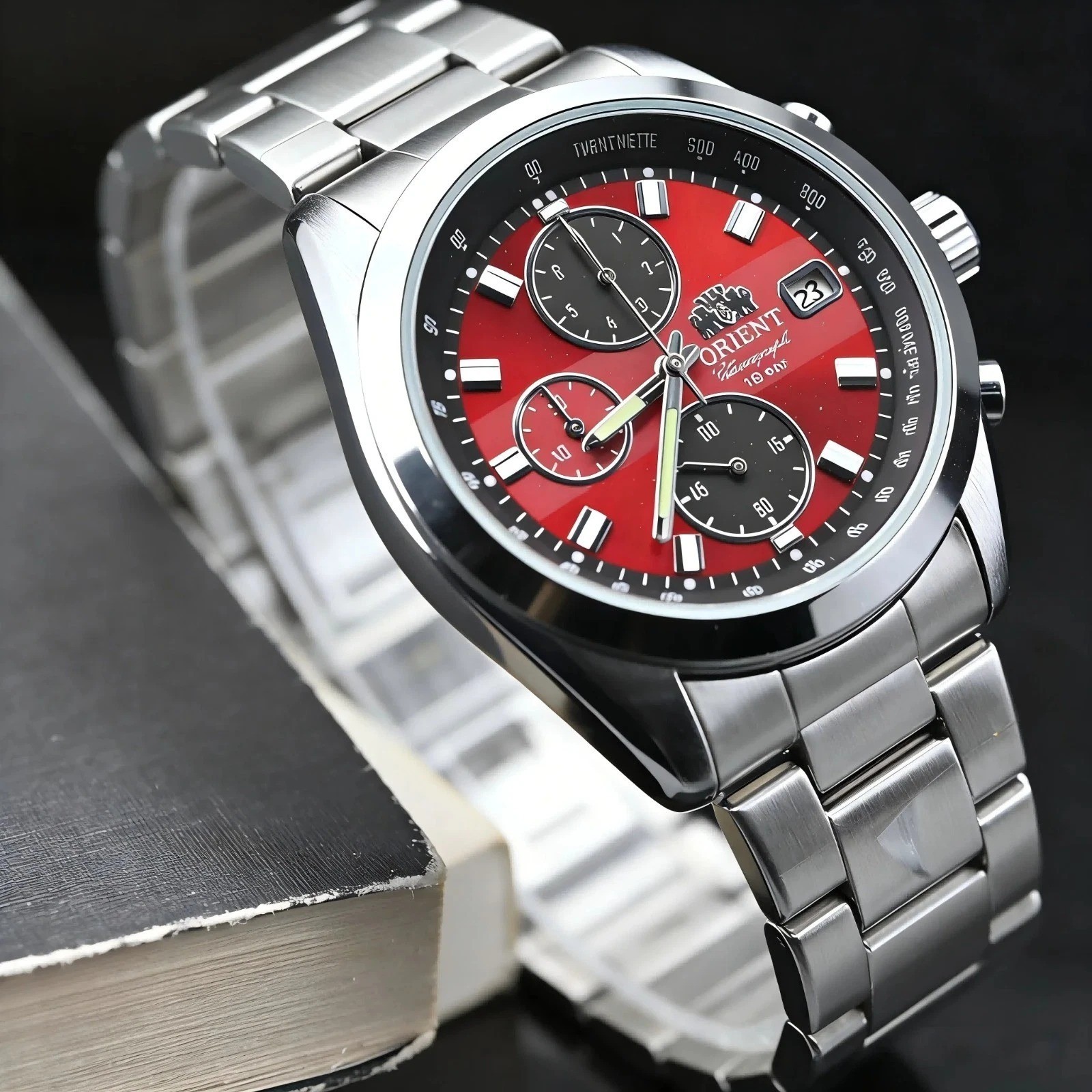 Orient Watch Men’s Quartz Chronograph Red Dial Stainless Steel Band Waterproof