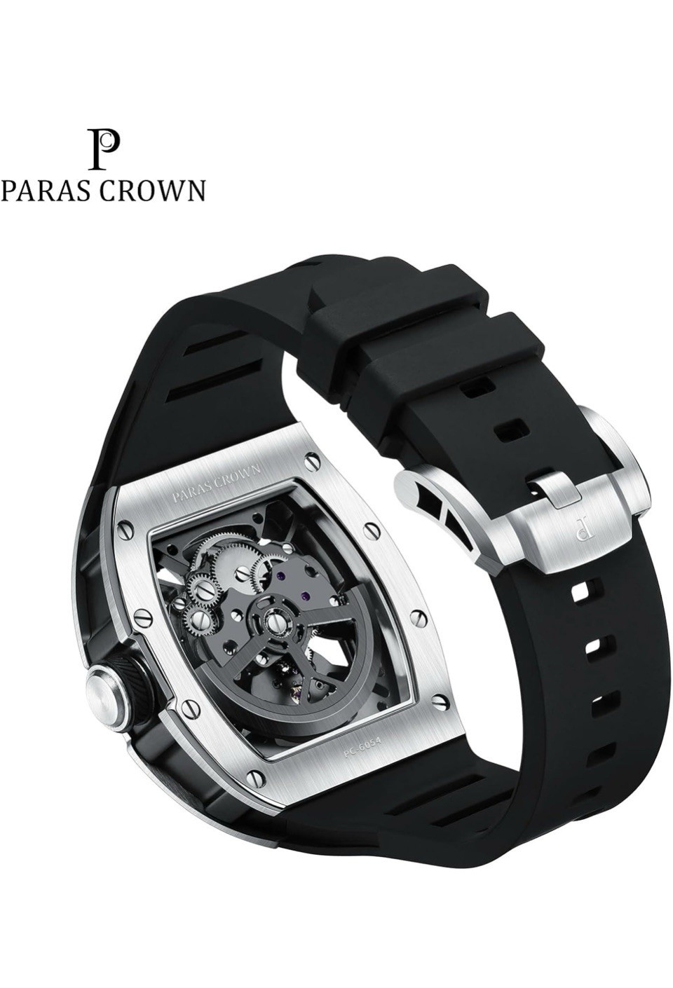 Paras Crown Automatic Stainless Case Silicone Strap Mens Watch