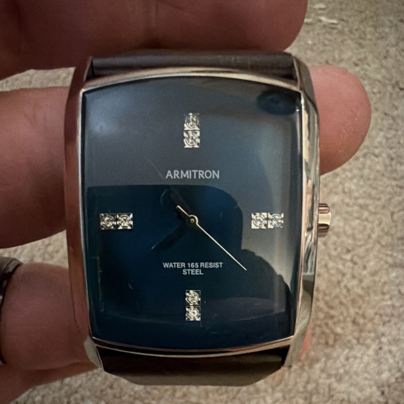 Armitron Quartz Rectangle Blue Dial Gemstone Markers Black Leather Watch