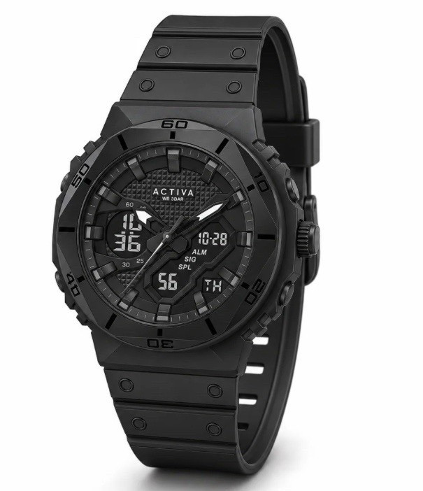 Activa Men’s Analog-Digital Quartz Watch 30m Black Rubber Strap 48-52mm w/ Box