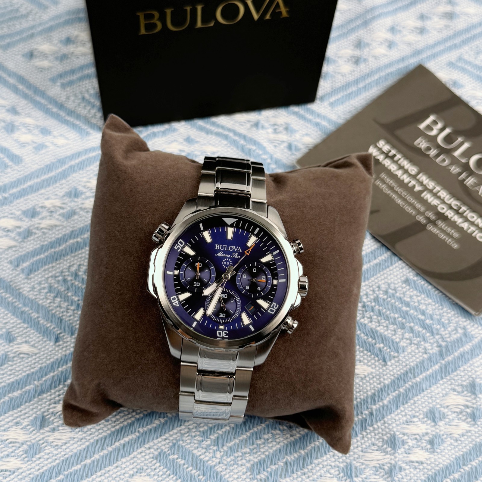 New Bulova Marine Star Chronograph Men’s Watch Blue Dial 43mm/96B256