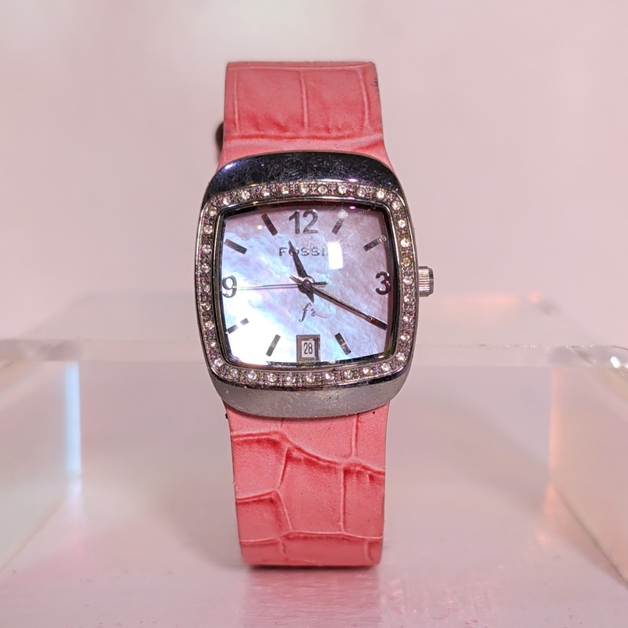 Fossil F2 Women’s Square Quartz Watch Date Pink Leather Strap MOP Dial