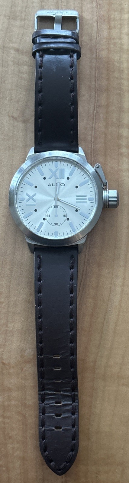 ALDO Men’s Roman Numerals Silver Tone Leather Band Watch NEW BATTERY RUNS