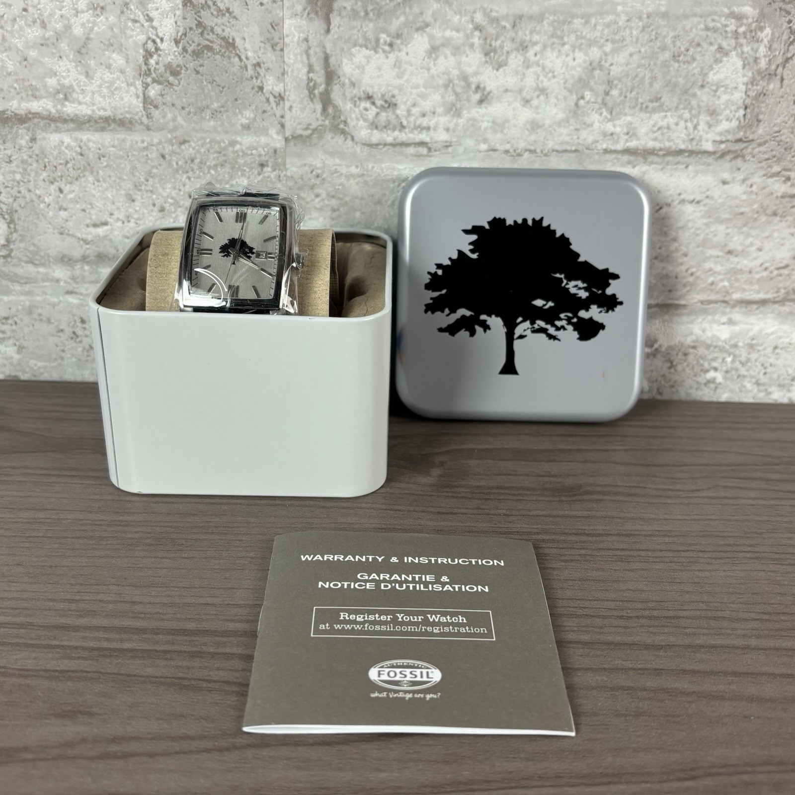 Fossil Watch Japan Movement Oak Tree New In Box with Original Tin and Tags