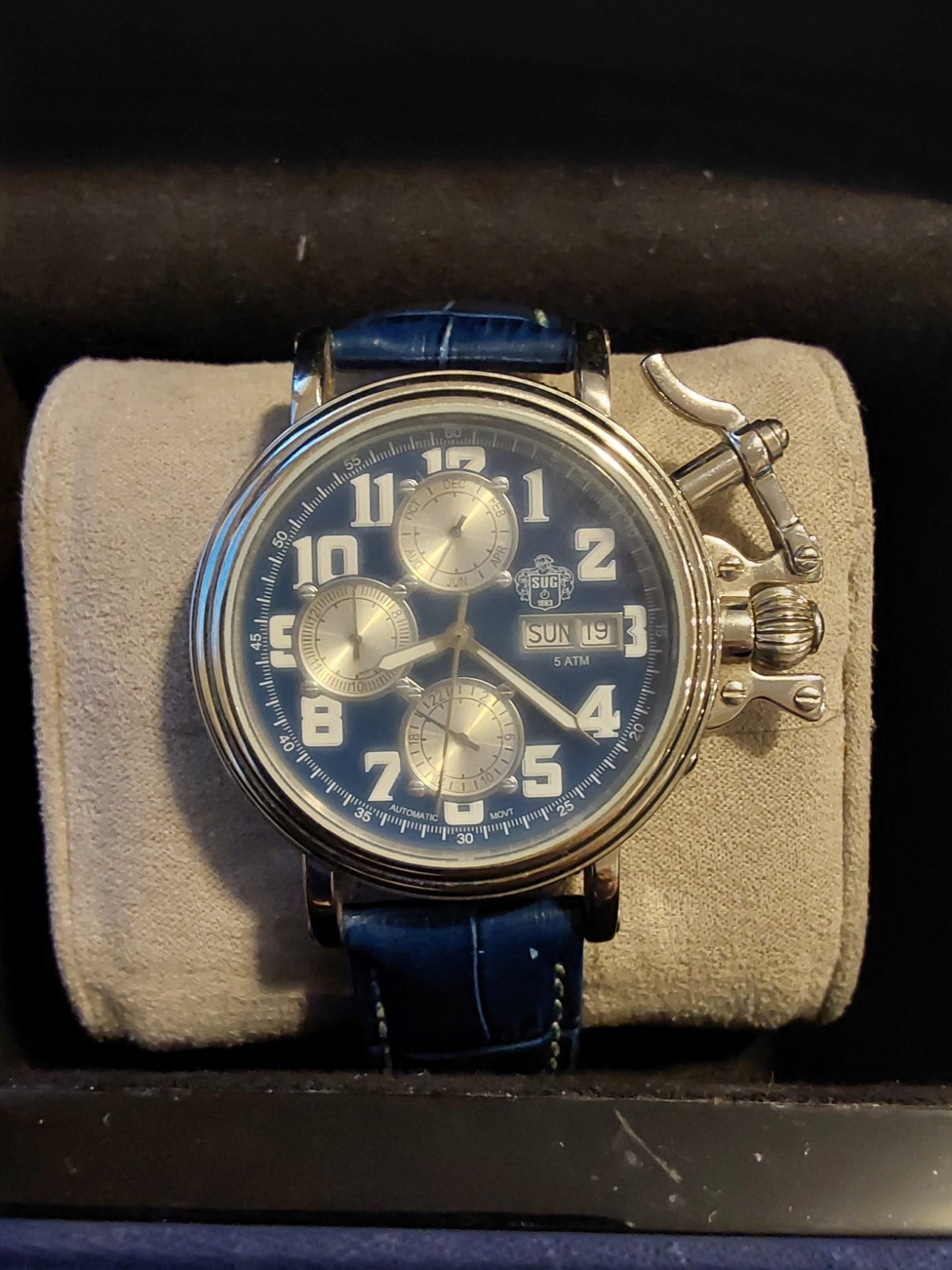 S.U.G. Mens Automatic Day/Date Blue Dial Silver Steel Blue Leather 50m w/ Box