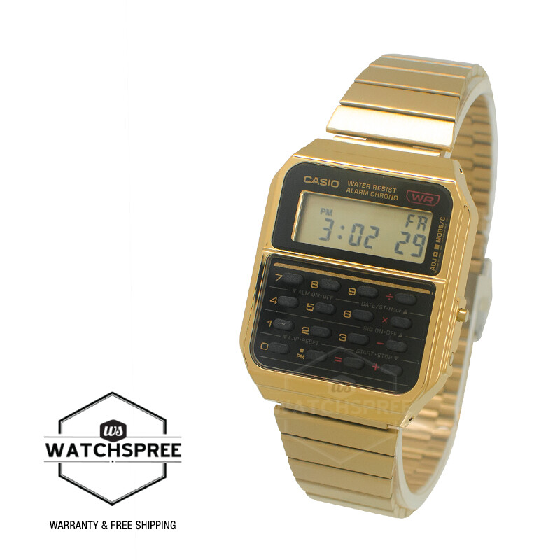 Casio Digital Dual Time Calculator Gold Stainless Steel Band Watch CA-500WEG-1A