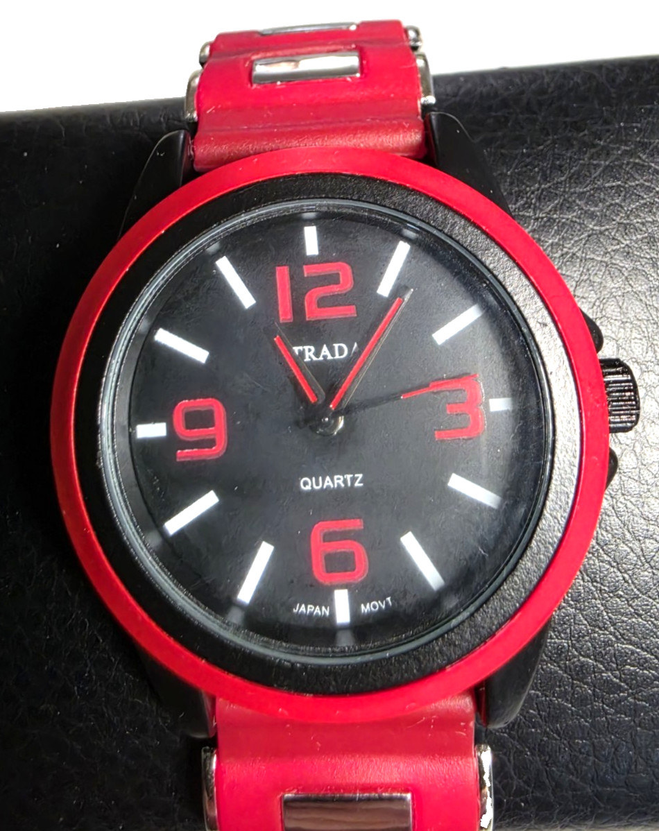 STRADA Japanese Movement Railway Track Pattern Watch with Red Silicone Strap