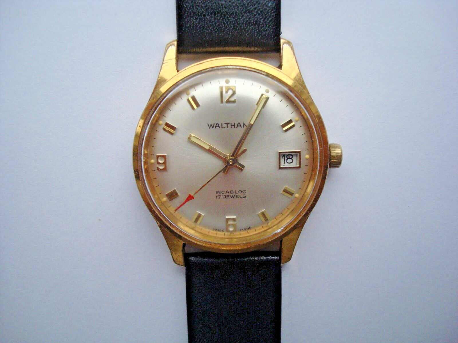 Waltham Mens Watch Manual Wind Up 17j. Date Red Arrow New Band 1960’s Swiss Runs