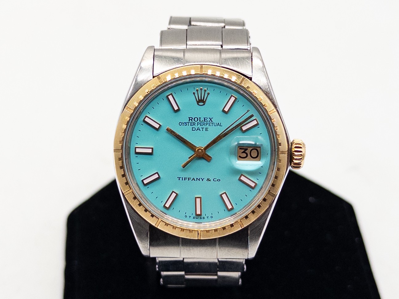 Vintage $14,000 ROLEX DATE 34mm Blue Tiffany & Co Mens SS 14k Yellow Gold Watch