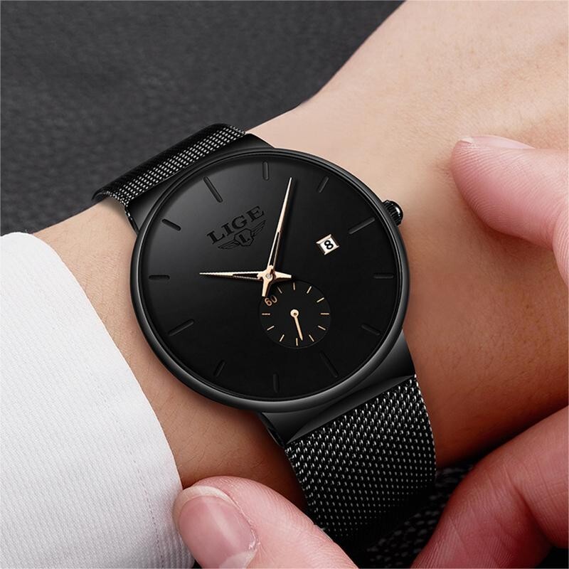 Ultra-thin Men Quartz Watch Stainless Steel Date Waterproof Casual Wristwatch