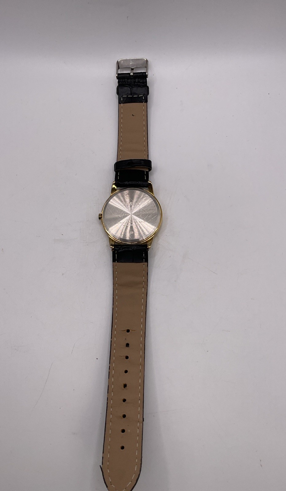 Timex Easy Reader Indiglo Gold Watch White Dial Date WR30M Black Leather Strap