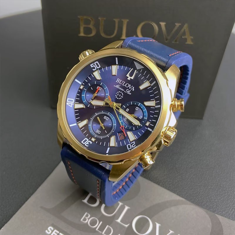 Men Bulova Marine Star Blue/Gold Dial Chronograph 97B168 Quartz Watch 43mm