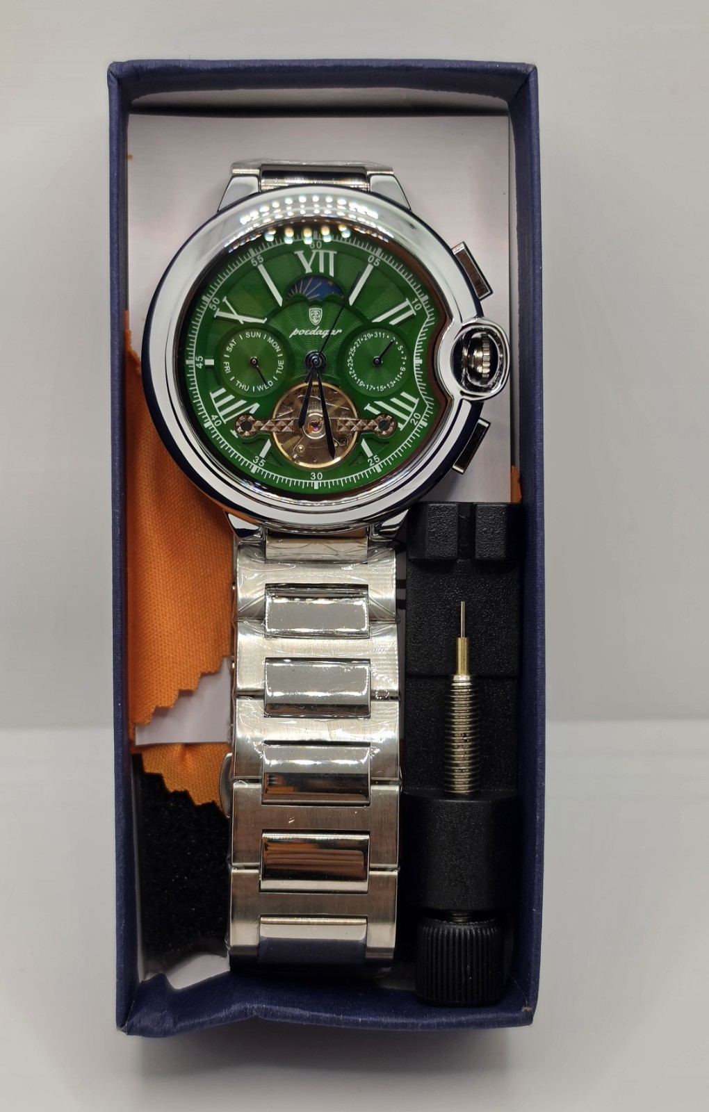 Poedagar Automatic Mechanical Open Heart Green Dial Men’s Watch 48mm New w/ Box