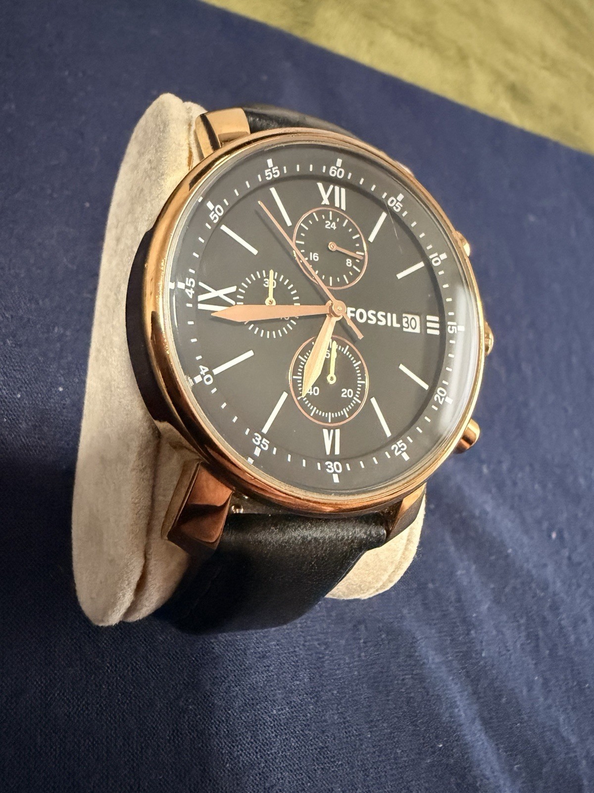 Fossil Black Rose Gold Dial Leather Strap Unisex Watch Chronograph 40MM