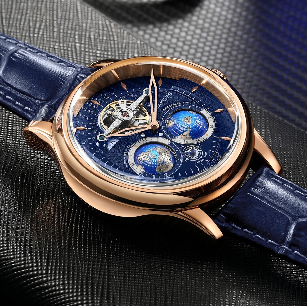 SEAKOSS Men’s Automatic Watch World Time Blue Dial Rose Gold Leather Strap