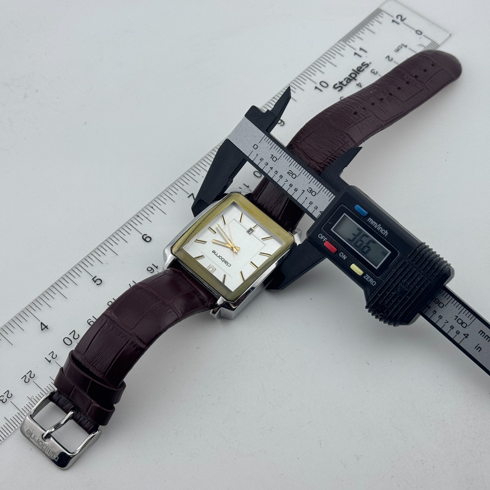 Claiborne Quartz Watch Men Silver Rectangle Date Leather Japan Analog New Batter