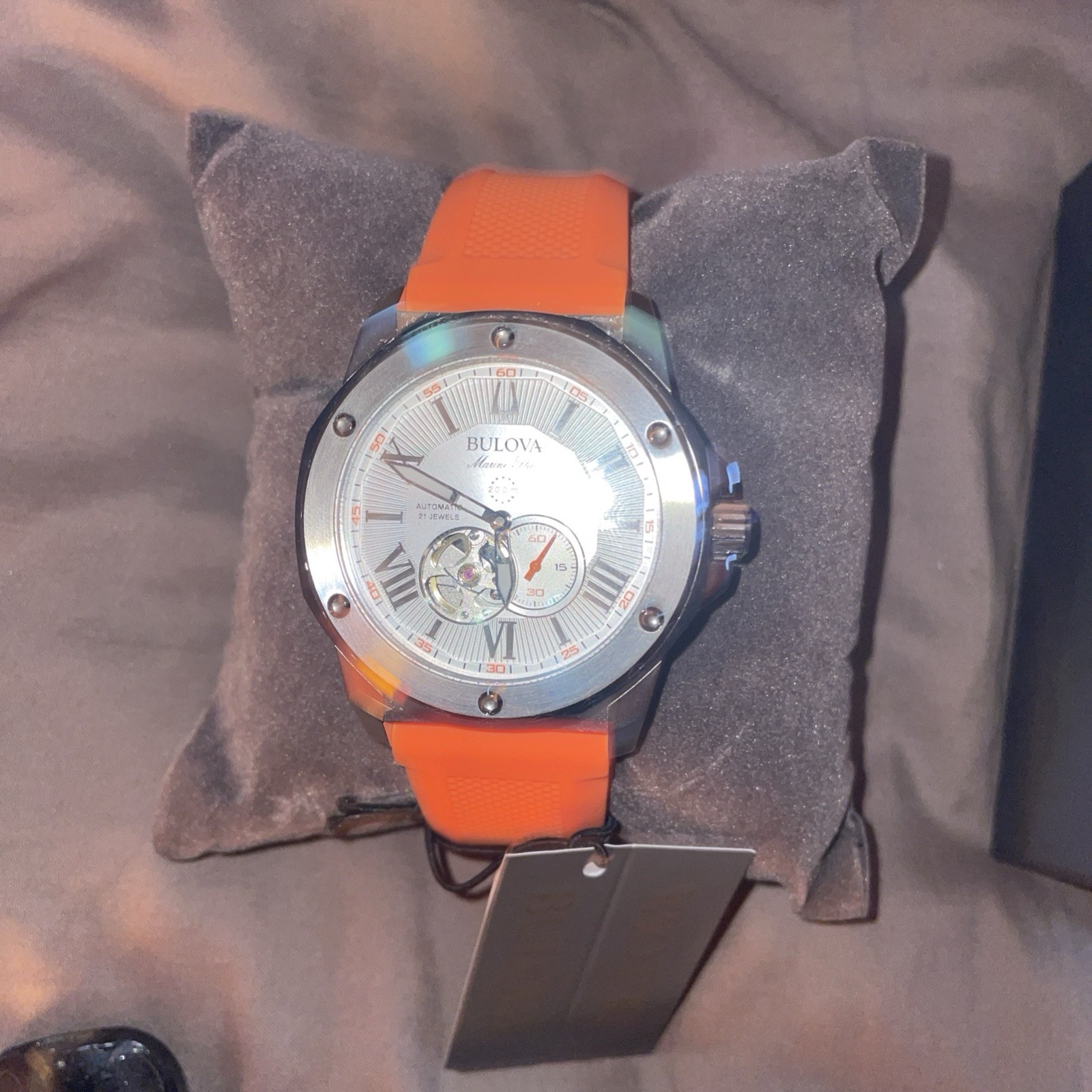 Bulova Men’s Marine Star Automatic White Dial Orange Rubber Strap Watch 98A226