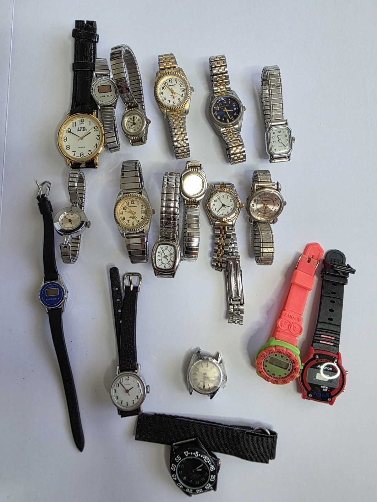 18 Mixed Wrist Watch Lot, Parts Or Repair, Milan, Timex, Others Several Bands