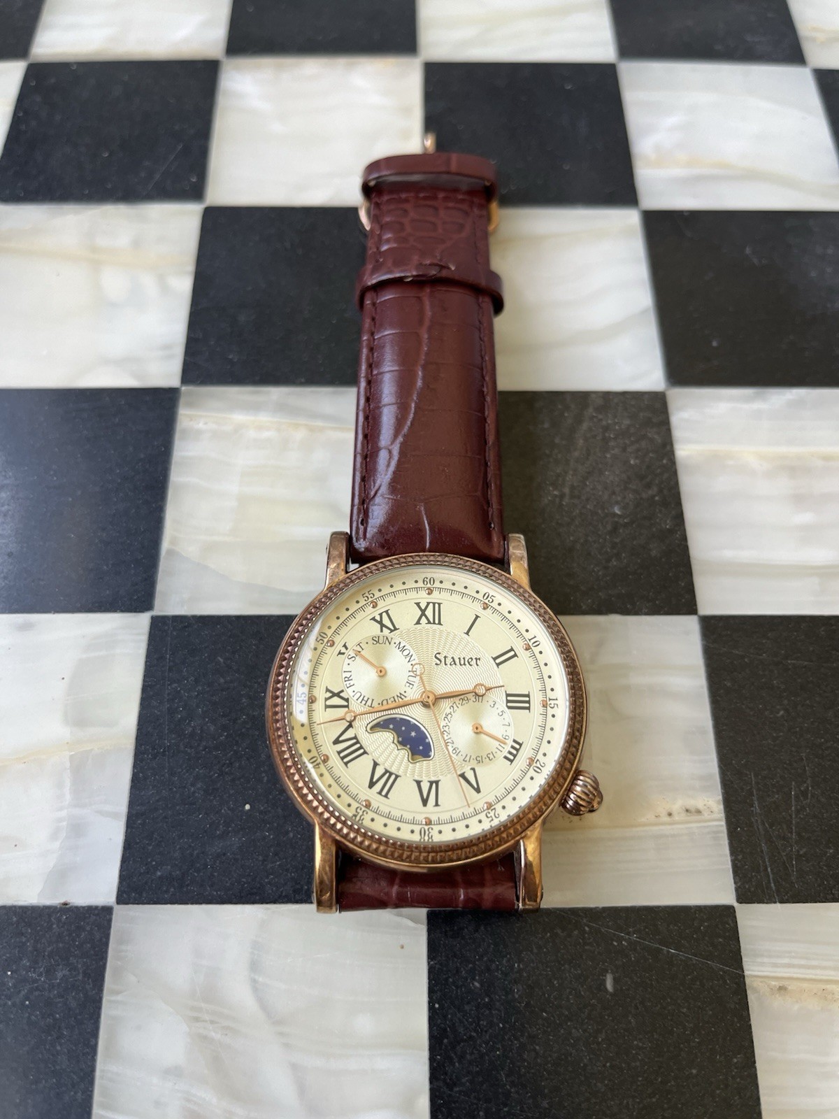 Stauer Moon Phase Quartz Day Date Watch Brown Leather Strap Rose Gold – 20390
