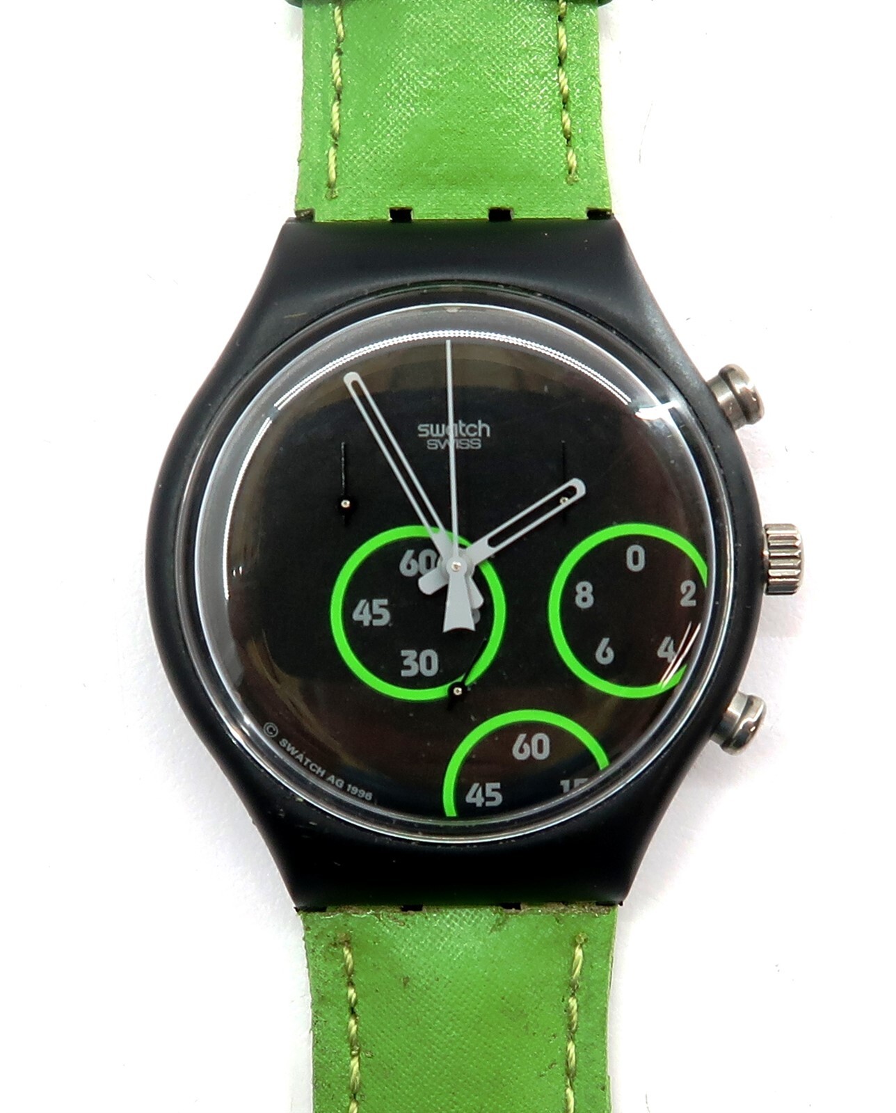 NEW Swatch Chrono Watch EXCENTRIC SCB117 w/ Case & Papers 1997 NEW BATTERY (n2)