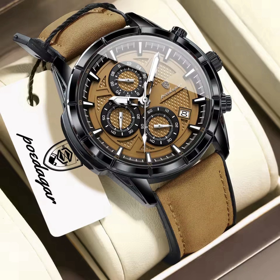 posdaar Men’s Quartz Watch Brown Dial Date Luminous 3ATM Leather Strap 44-47mm