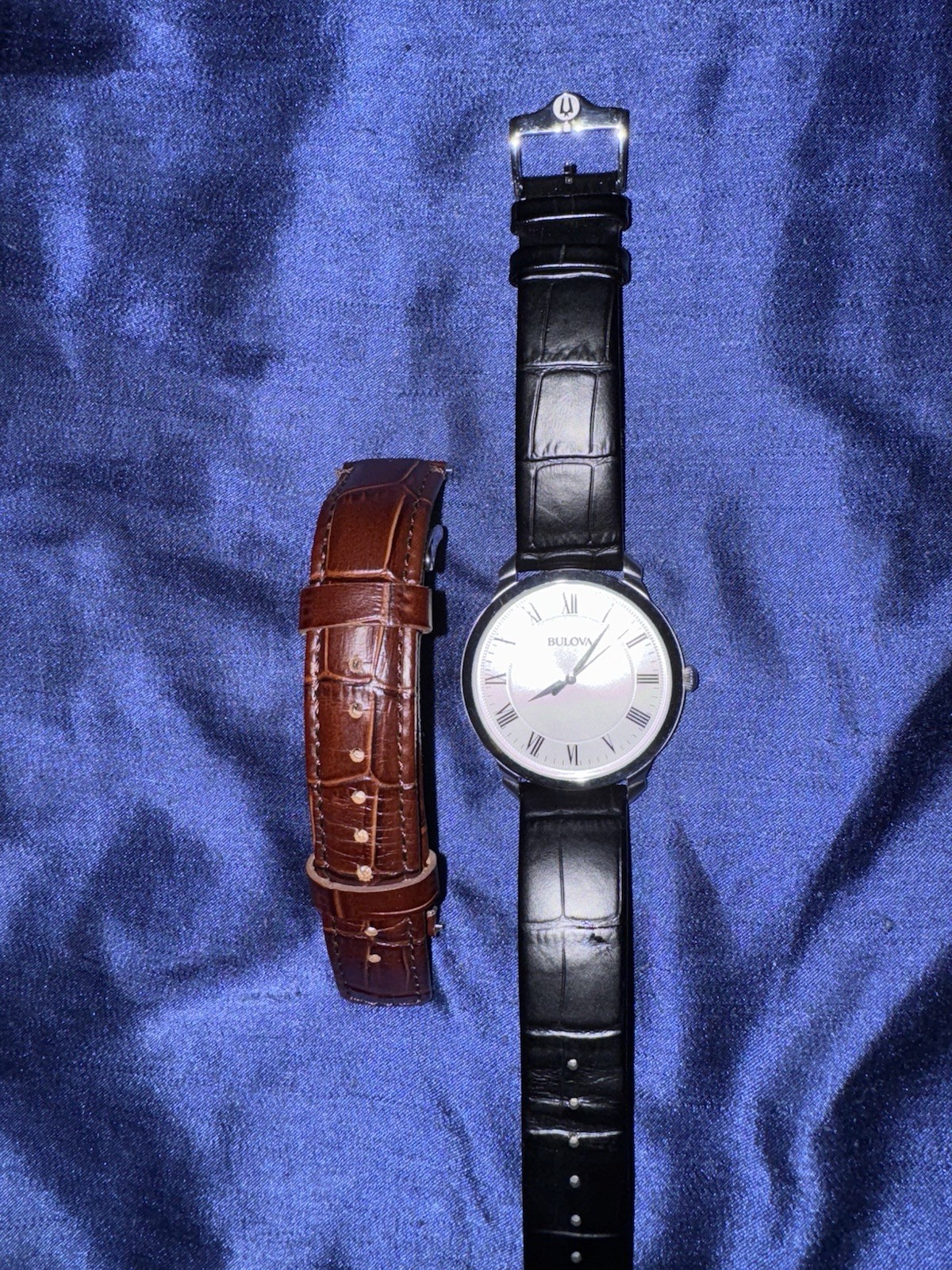 Bulova Men’s Analog Round Watch White Dial Silver SS Case Black Leather +Band