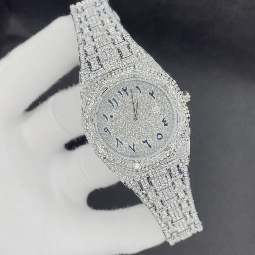 Bust Down Date Arabic Numerals VVS Iced Out Diamond Watch, Big Mens Watch