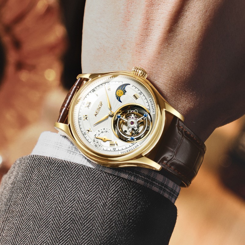 Aesop Flying Tourbillon Mechanical Sapphire Man Watch Lunar Phase Dial 7027