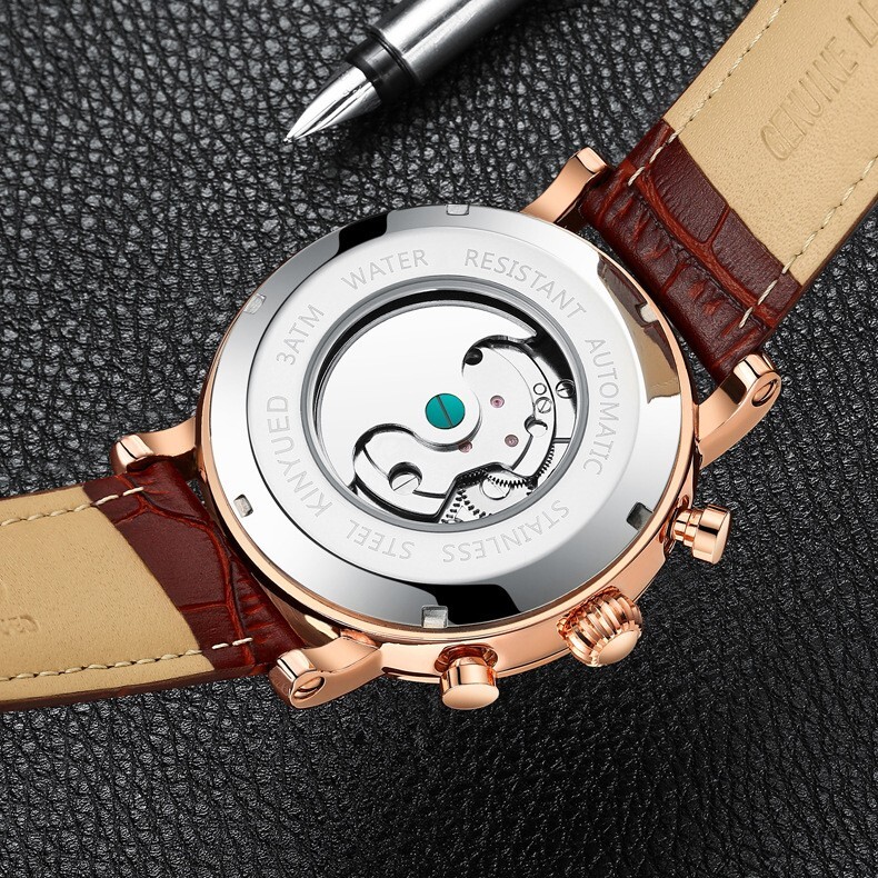 Mens Automatic Mechanical Watch Date Day Rose Gold White Brown Leather Strap