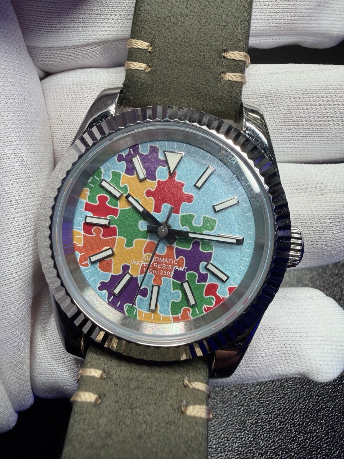 Automatic 40mm Multicolor Puzzle Dial Green Leather Strap
