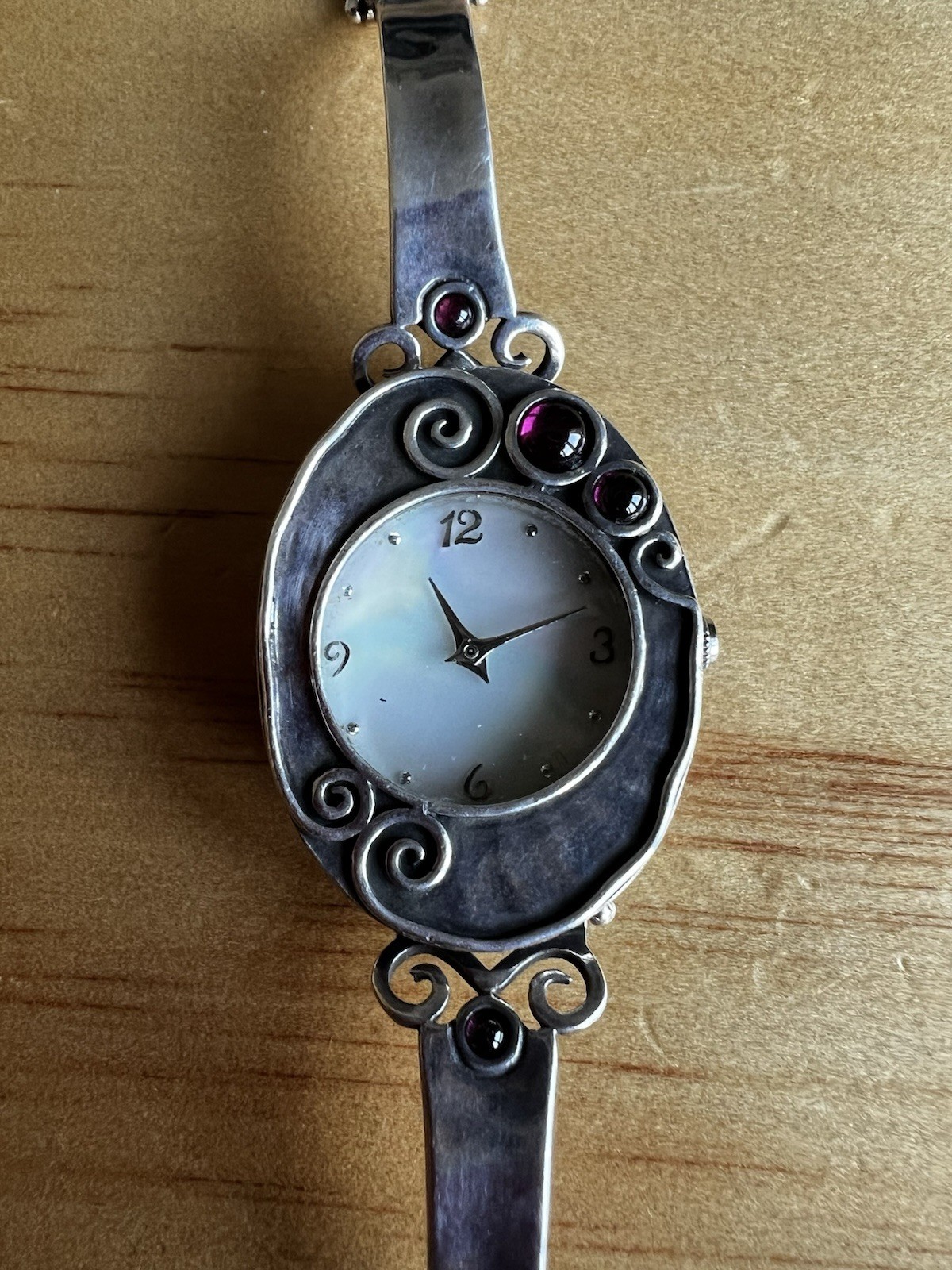 Gorgeous Or Paz Solid Silver Watch With Mother of Pearl Dial & Garnets