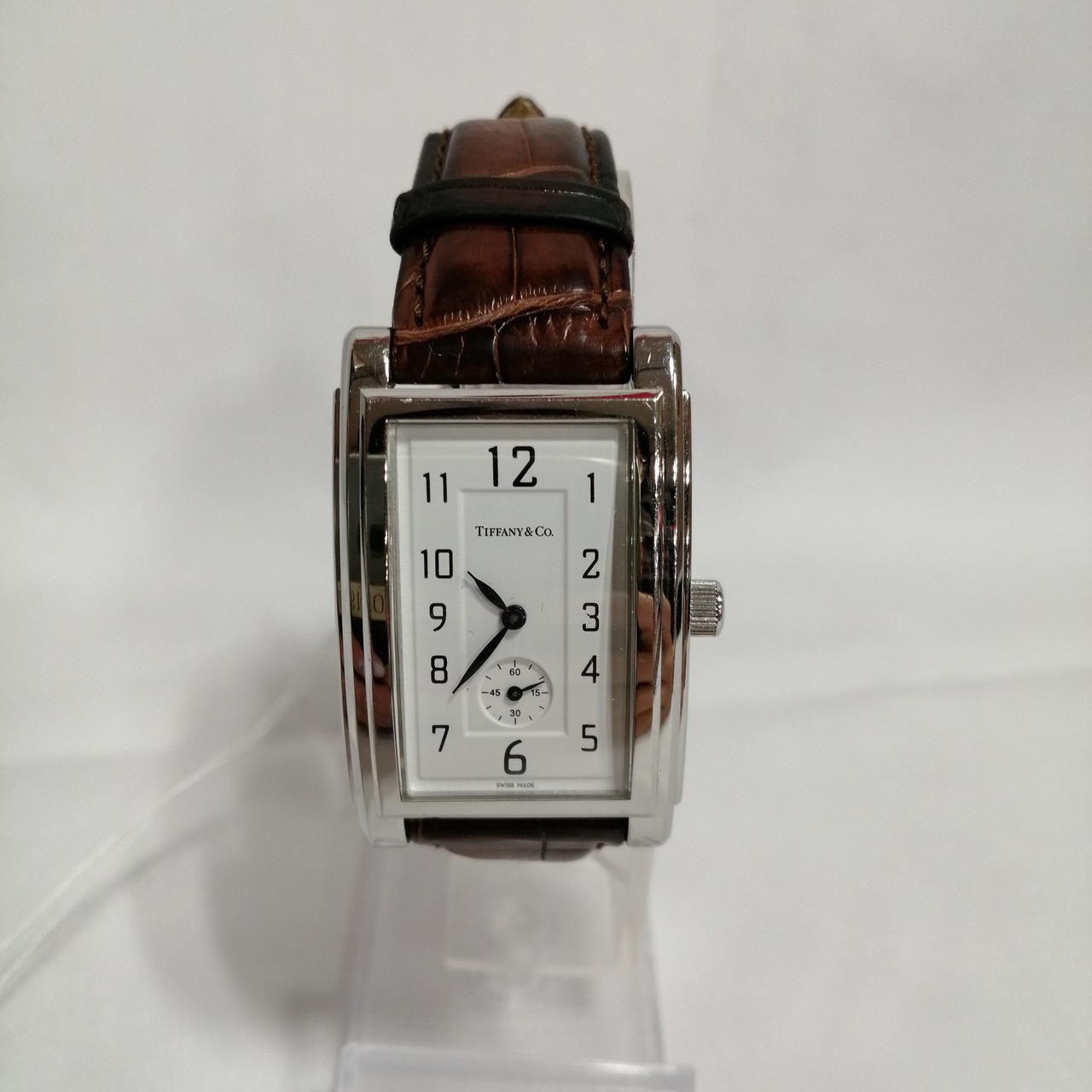 [B1N] Tiffany & Co. Grand Quartz Rectangular Silver Brown Leather Watch [x9w]