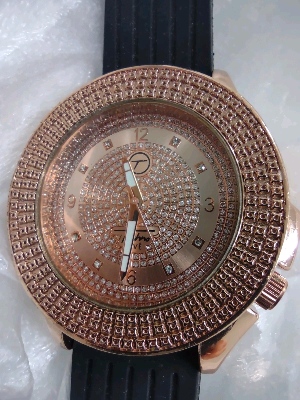 Techno Pavé Quartz Copper Dial Black Rubber Strap Luxury Men’s Wristwatch