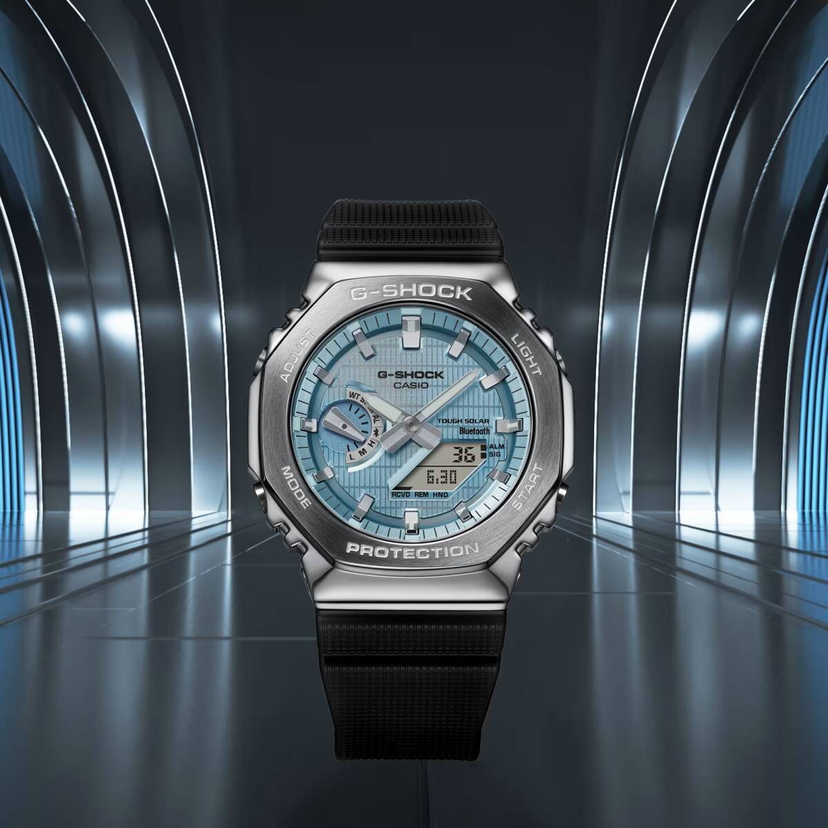 CASIO G SHOCK Tough Solar Mobile Link Black x Silver x Light Blue GBM 2100A 1A2