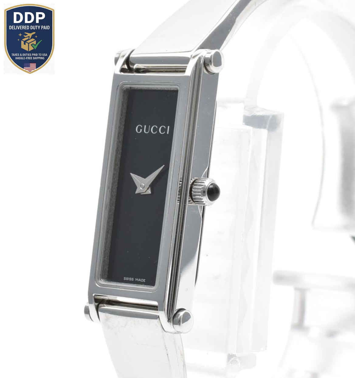 [Exc+5] GUCCI 1500L Bangle Watch Black Dial Silver Stainless Ladies Quartz JAPAN