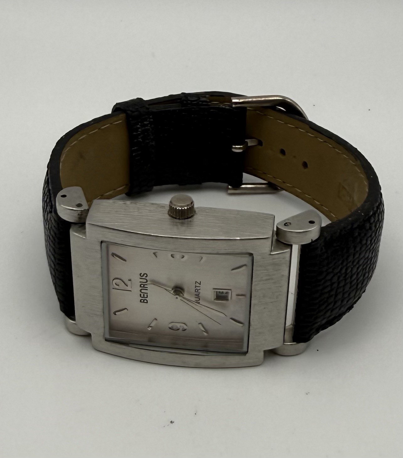 Benrus Quartz Vintage Rectangle Silver Dial Date Black Leather Strap Watch